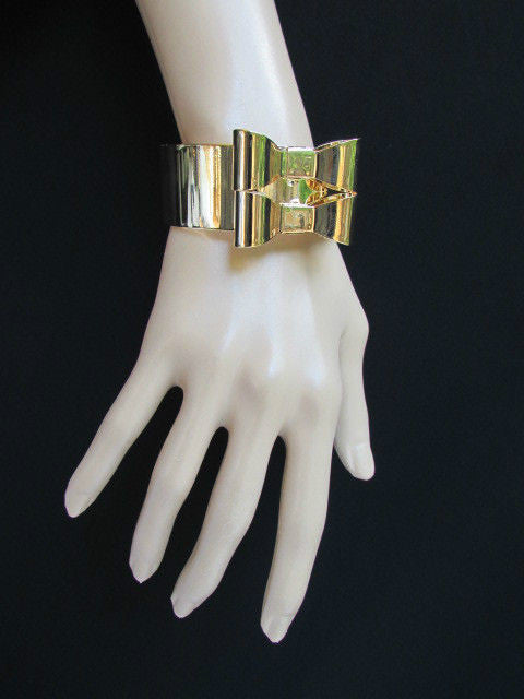 Gold Metal Bracelet Cuff Two Double Bows Women Fashion Jewelry Accessories - alwaystyle4you - 9