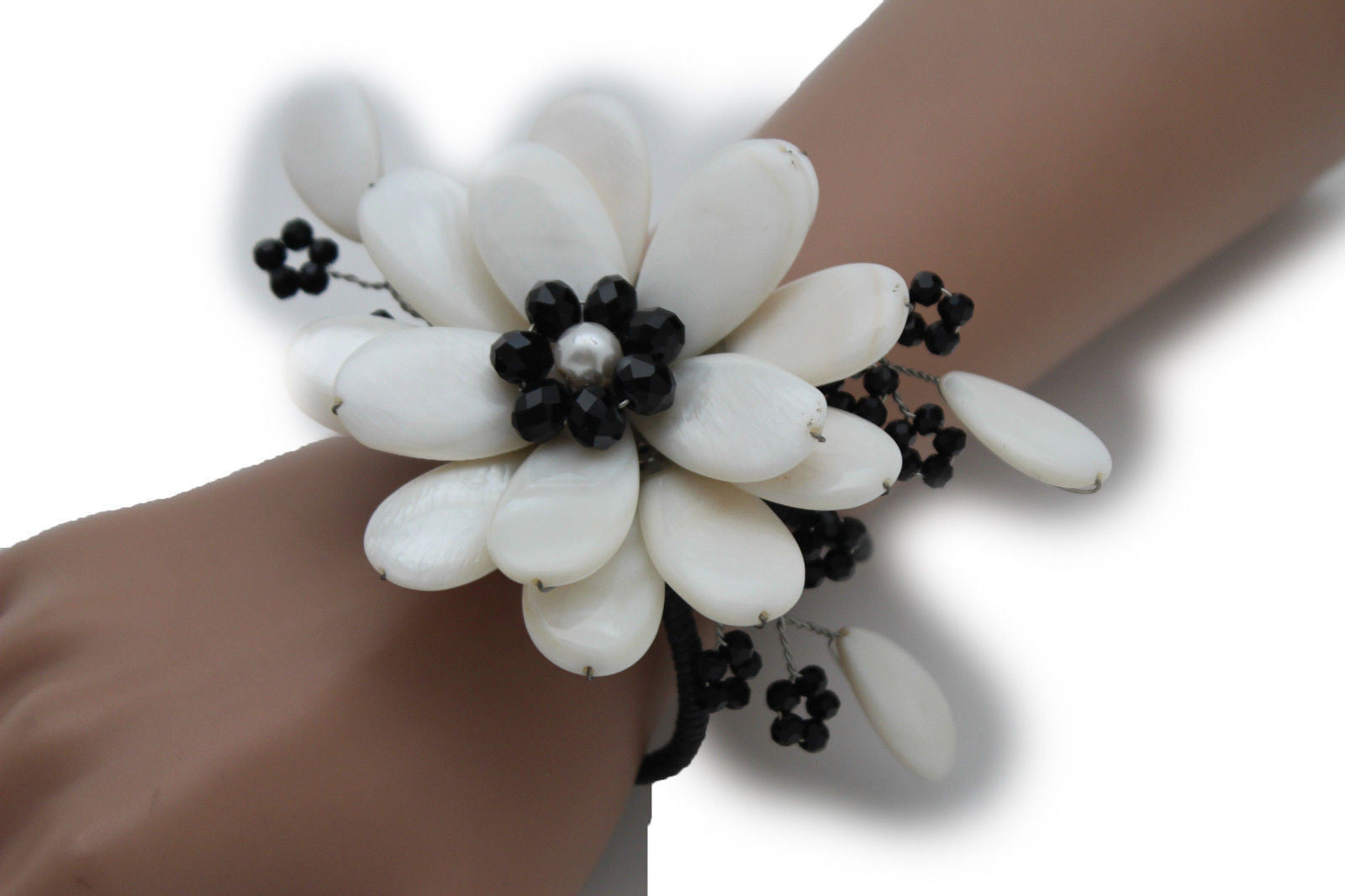 Blue Turquoise / Red / White / White + Black Beads Bracelet Cuff Elastic Band Big Flower Charm Women Fashion Jewelry Accessories - alwaystyle4you - 1