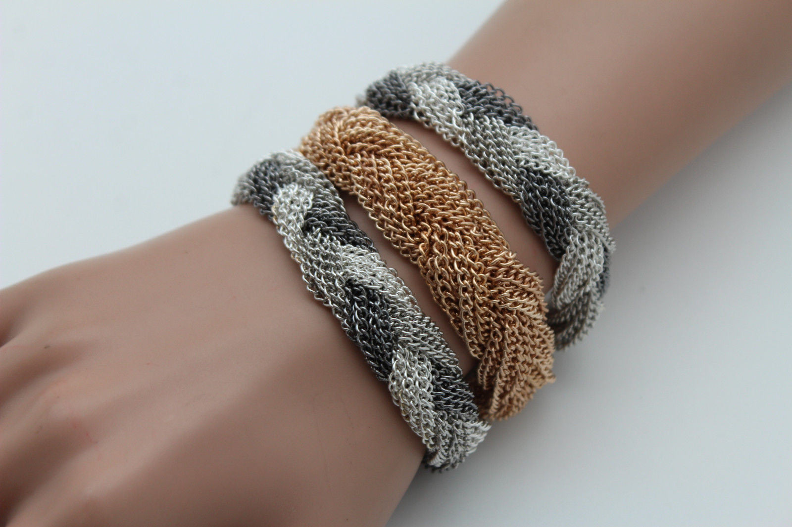 Gold Silver Braided Metal Chain Bracelet 3 Tone Rows Womwn Fashion Jewelry Accessories - alwaystyle4you - 1