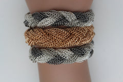 Gold Silver Braided Metal Chain Bracelet 3 Tone Rows New Womwn Fashion Jewelry Accessories - alwaystyle4you - 4