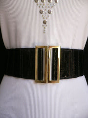 Black Faux Leather Stretch Back Hip High Waist Elastic Belt Gold Square Metal Buckle New Women Fashion Accessories S M - alwaystyle4you - 3