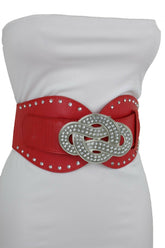 Women Red Color Corset Belt Hip High Waist Silver Metal Infinity Buckle S M