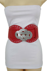 Women Red Color Corset Belt Hip High Waist Silver Metal Infinity Buckle S M