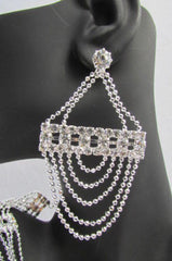 Silver Shoulders Chain Rhinestones Strands + Earrings
