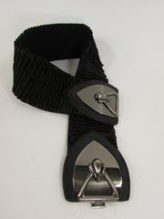 Black Faux Leather Wide Hip Elastic Belt Vintage Metal Pewter Buckle New Women Accessories - alwaystyle4you - 3