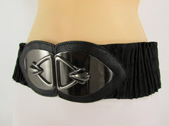 Black Faux Leather Wide Hip Elastic Belt Vintage Metal Pewter Buckle New Women Accessories - alwaystyle4you - 4