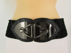 Black Faux Leather Wide Hip Elastic Belt Vintage Metal Pewter Buckle Women Accessories - alwaystyle4you - 1