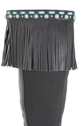 Black Brown Leather Long Fringes Turquoise Blue Beads Western Pair Boots Toppers