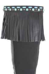 Black Brown Leather Long Fringes Turquoise Blue Beads Western Pair Boots Toppers