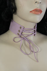 Dark Blue Metallic Rose Gold Pastel Pink Animal Print Leopard Brown Wide Denim Fabric Corset Long Tie Choker Necklace