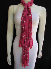 Pink Soft Fabric Scarf Multi Silver Balls Beads Pendants Necklace