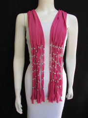 Pink Soft Fabric Scarf Multi Silver Balls Beads Pendants Necklace