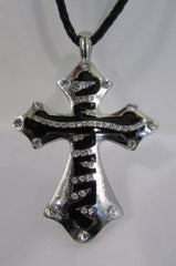 Silver Black Metal Long Big Zebra Cross Rhinestones Necklace