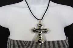Silver Black Metal Long Big Zebra Cross Rhinestones Necklace