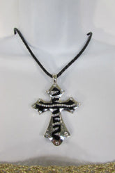 Silver Black Metal Long Big Zebra Cross Rhinestones Necklace