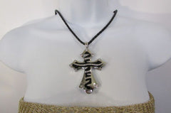 Silver Black Metal Long Big Zebra Cross Rhinestones Necklace