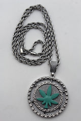 Marijuana Weed Leaf Pendant Long Metal Chain Necklace