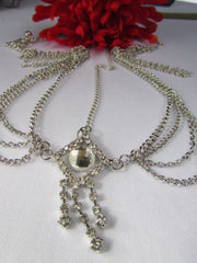 Silver Gold Metal Head Band Forehead Big Square Multi Rhinestones Multi Drapes Hair
