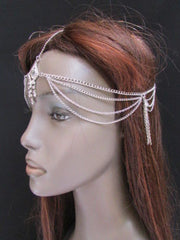 Silver Gold Metal Head Band Forehead Big Square Multi Rhinestones Multi Drapes Hair