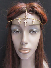 Silver Gold Metal Head Chain Multi Cross Rhinestones Wave Hair Piece