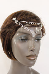 Silver Head Metal Chains Flower Beads Forehead Braids  Hair Wedding