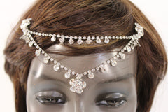 Silver Head Metal Chains Flower Beads Forehead Braids  Hair Wedding