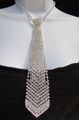 Silver Long Neck Tie Multi Rhinestones Necklace Earring Set