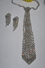 Silver Long Neck Tie Multi Rhinestones Necklace Earring Set