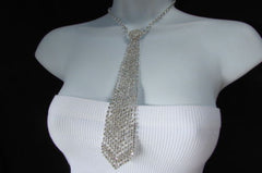 Silver Long Neck Tie Multi Rhinestones Necklace Earring Set