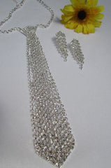 Silver Long Neck Tie Multi Rhinestones Necklace Earring Set
