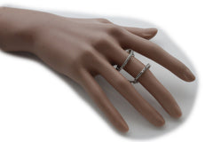 Silver Gold Band Elastic Short Chain Rhinestones Plate Double Ring Women Unique