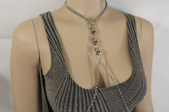 Silver Metal Body Chain Harness Necklace Skeleton Skulls