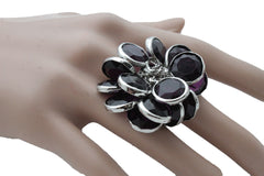 Silver Metal Brown Or Black Beads Big Flower Knuckle One Size Band Ring