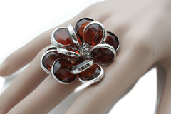 Silver Metal Brown Or Black Beads Big Flower Knuckle One Size Band Ring