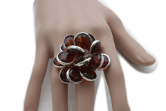 Silver Metal Brown Or Black Beads Big Flower Knuckle One Size Band Ring