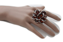 Silver Metal Brown Or Black Beads Big Flower Knuckle One Size Band Ring