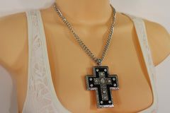 Silver Metal Chain Big Rhinestones Cross Pendant Long Necklace