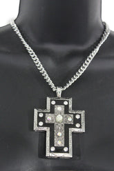 Silver Metal Chain Big Rhinestones Cross Pendant Long Necklace