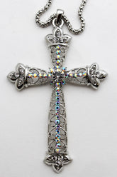 Silver Metal Chain Large Cross Bless Rhinestones Pendant Necklace