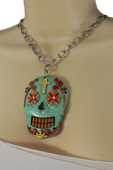 Silver Metal Chain Long Necklace Day Of The Dead Skull