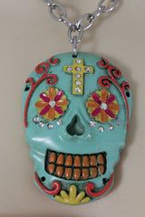 Silver Metal Chain Long Necklace Day Of The Dead Skull