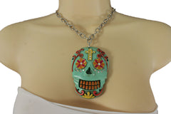 Silver Metal Chain Long Necklace Day Of The Dead Skull