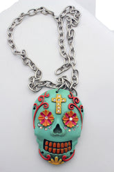 Silver Metal Chain Long Necklace Day Of The Dead Skull