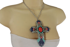 Silver Metal Chains Big Cross Pendant Charm Necklace