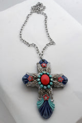 Silver Metal Chains Big Cross Pendant Charm Necklace