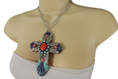 Silver Metal Chains Big Cross Pendant Charm Necklace