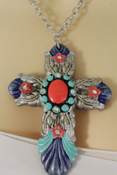 Silver Metal Chains Big Cross Pendant Charm Necklace