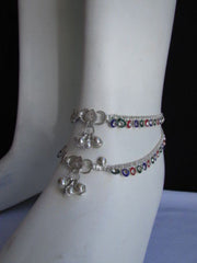 Silver Metal Chains Foot Rhinestones 2 Rows Charm Anklet Jewelry Accessories