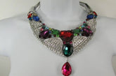 Silver Metal Choker Colorful Multi Big Rhinestones Alloy Charm Bib Necklace Earrings Set
