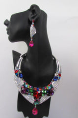 Silver Metal Choker Colorful Multi Big Rhinestones Alloy Charm Bib Necklace Earrings Set